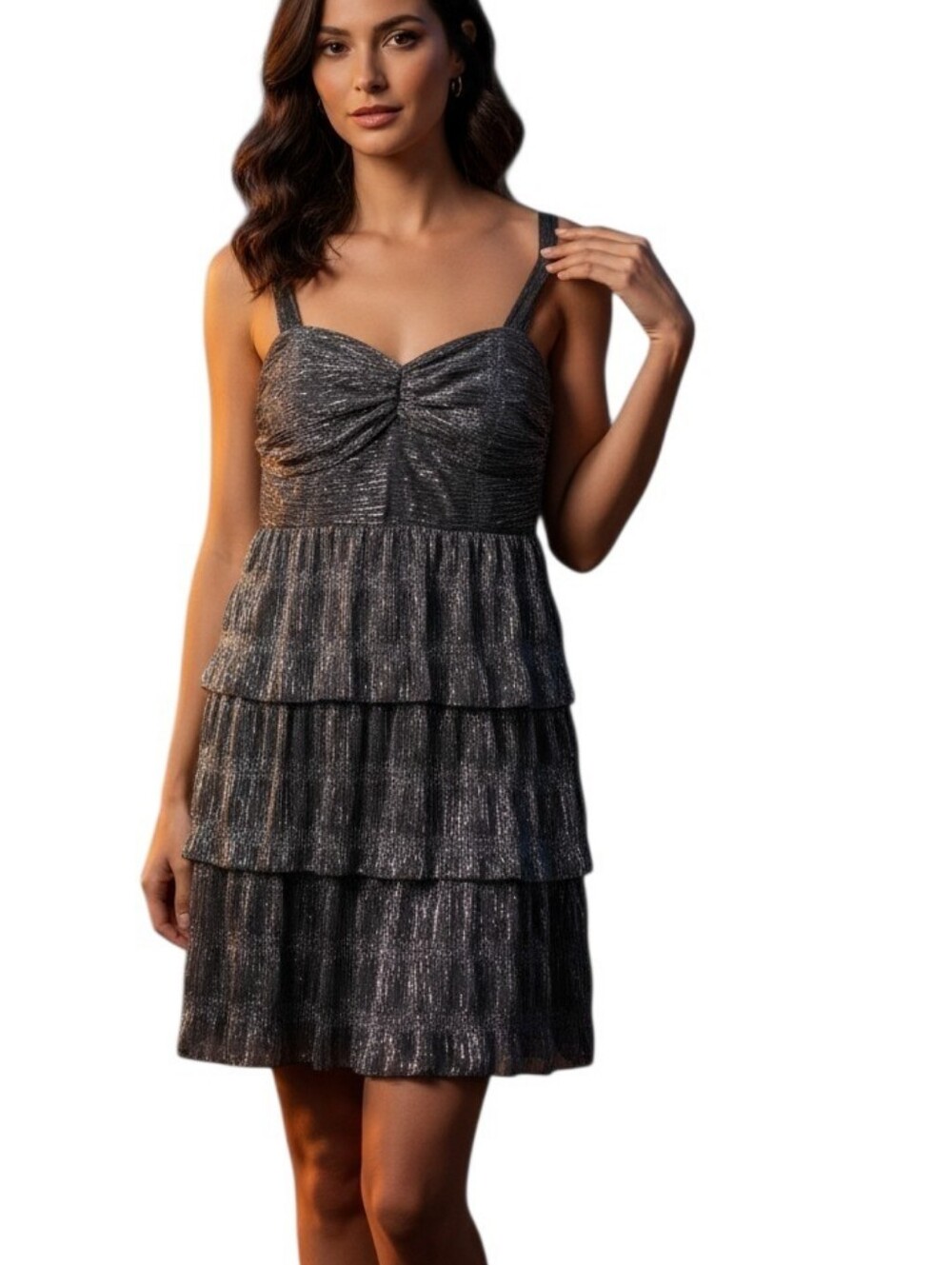 Dynamite Tiered Sparkly Silver Metallic Mini Dress  Size Small